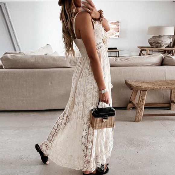 Boho White Lace Embroidered Tassel V-Neck Strapless Flowy Maxi Dress Sundress - Picture 5 of 10